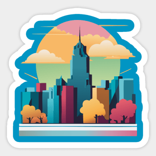 t-shirt design, colorful city skyline with buildings and clouds, vector art Sticker